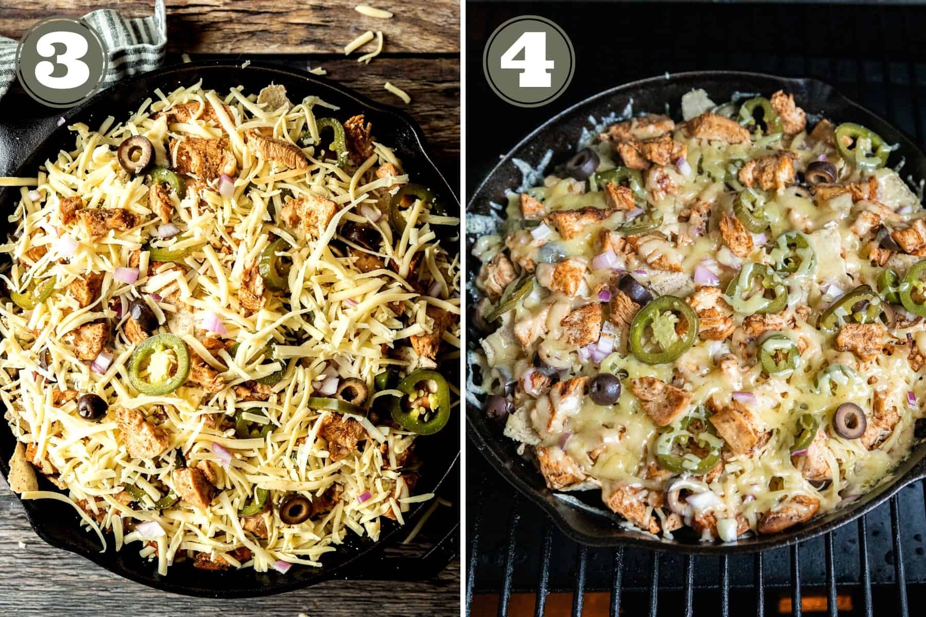 A split photo showing nachos in a cast iron and the cast iron pan on a pellet grill.