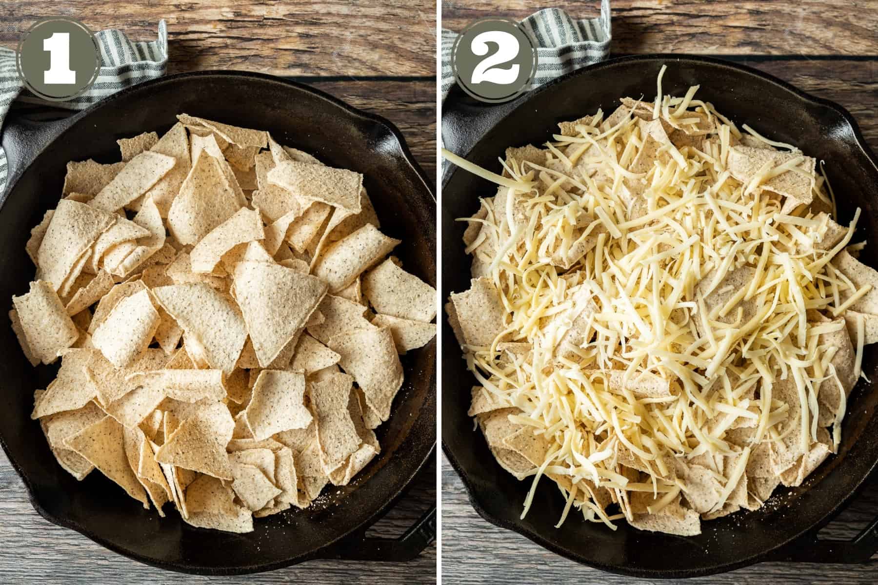 An overview shot of chips in a cast iron pan topped with shredded cheese