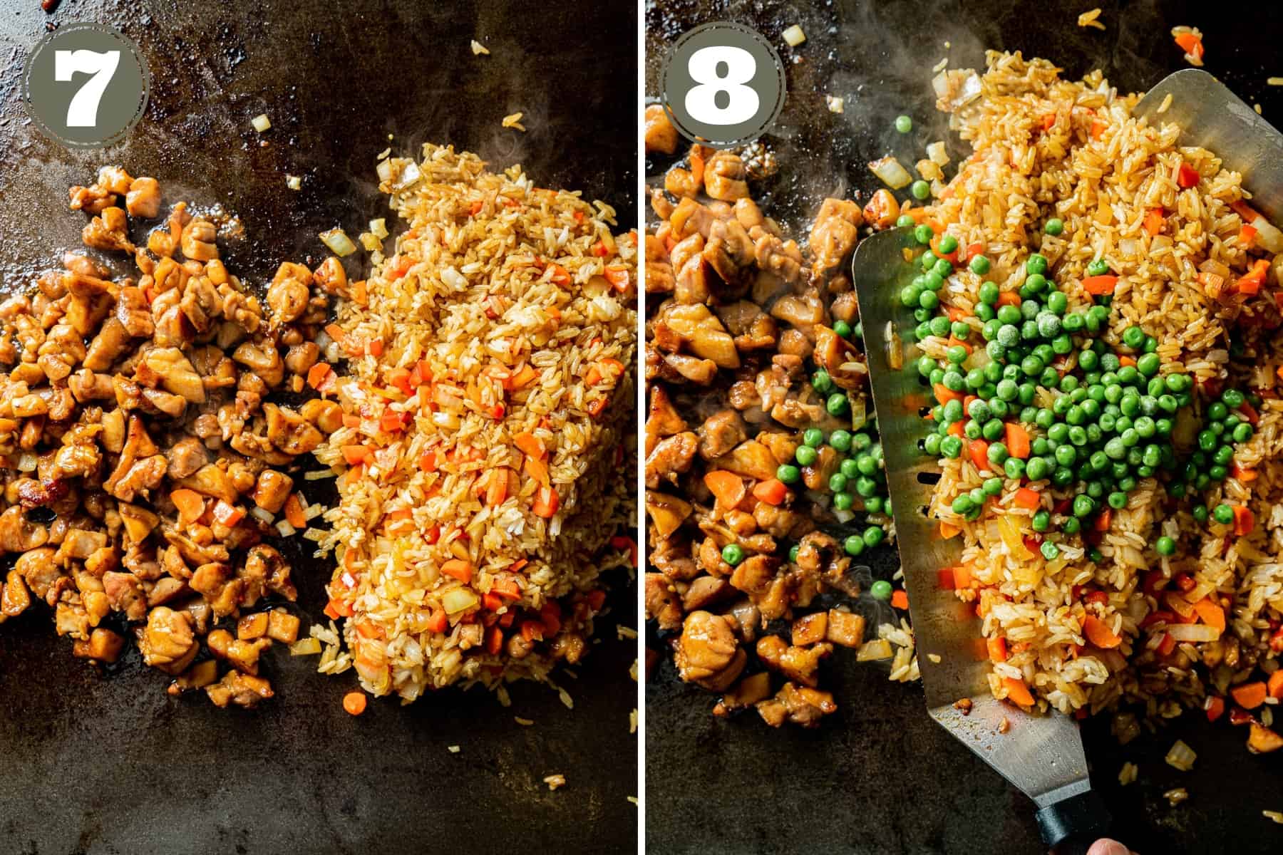 Side by side numbered photos of fried rice being made on a griddle including chicken, veggies, and rice.