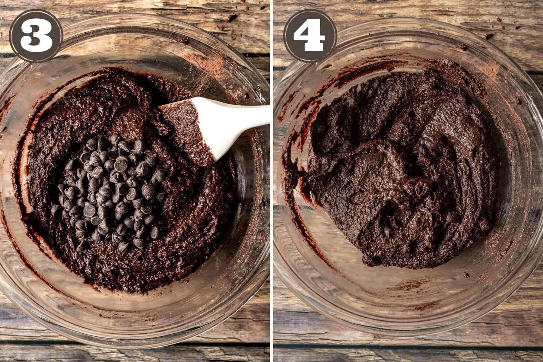 Side by side photos showing chocolate cupcake batter in a bowl and chocolate chips being mixed in.