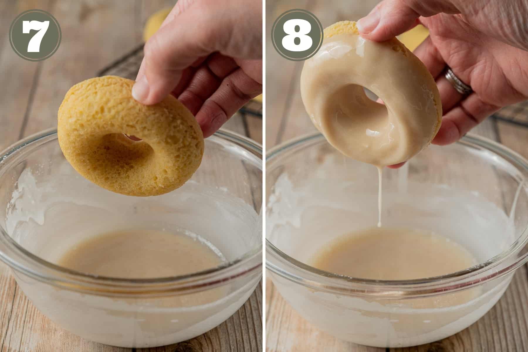 Side by side process shots including a donut being dipped into glaze.