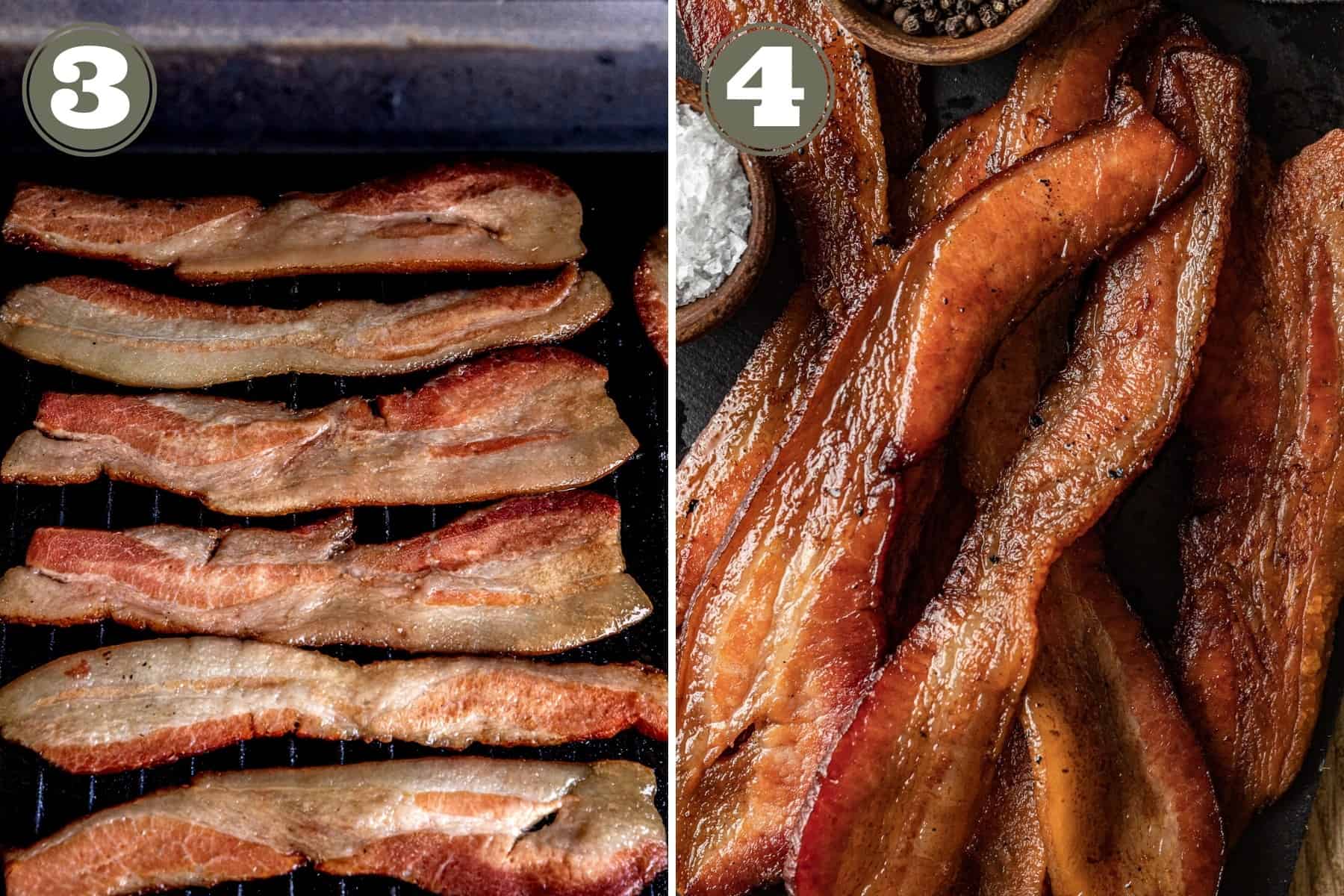 An overview shot of cooked bacon slices on a traeger smoker.