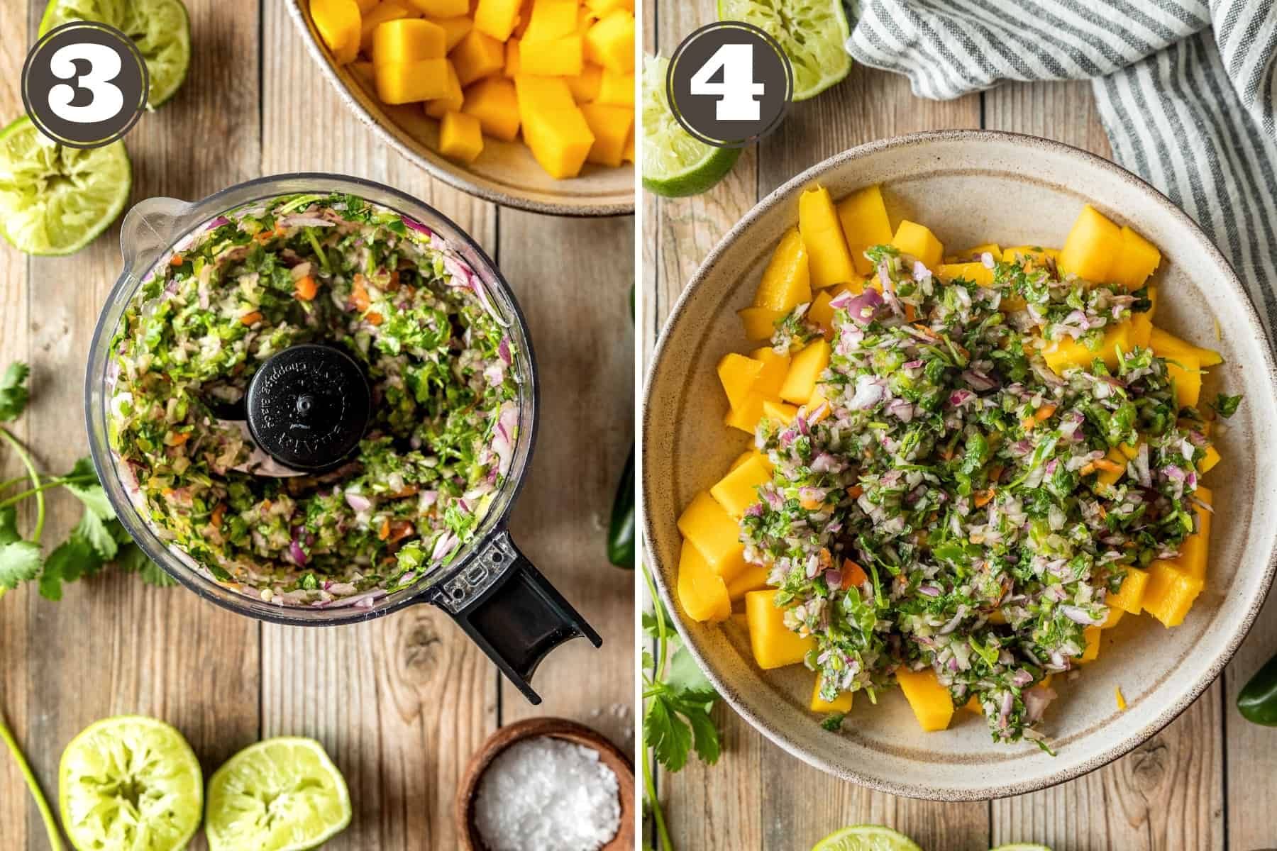 Side by side photos of salsa ingredients in a food processor and a bowl of diced mango with the diced salsa ingredients.