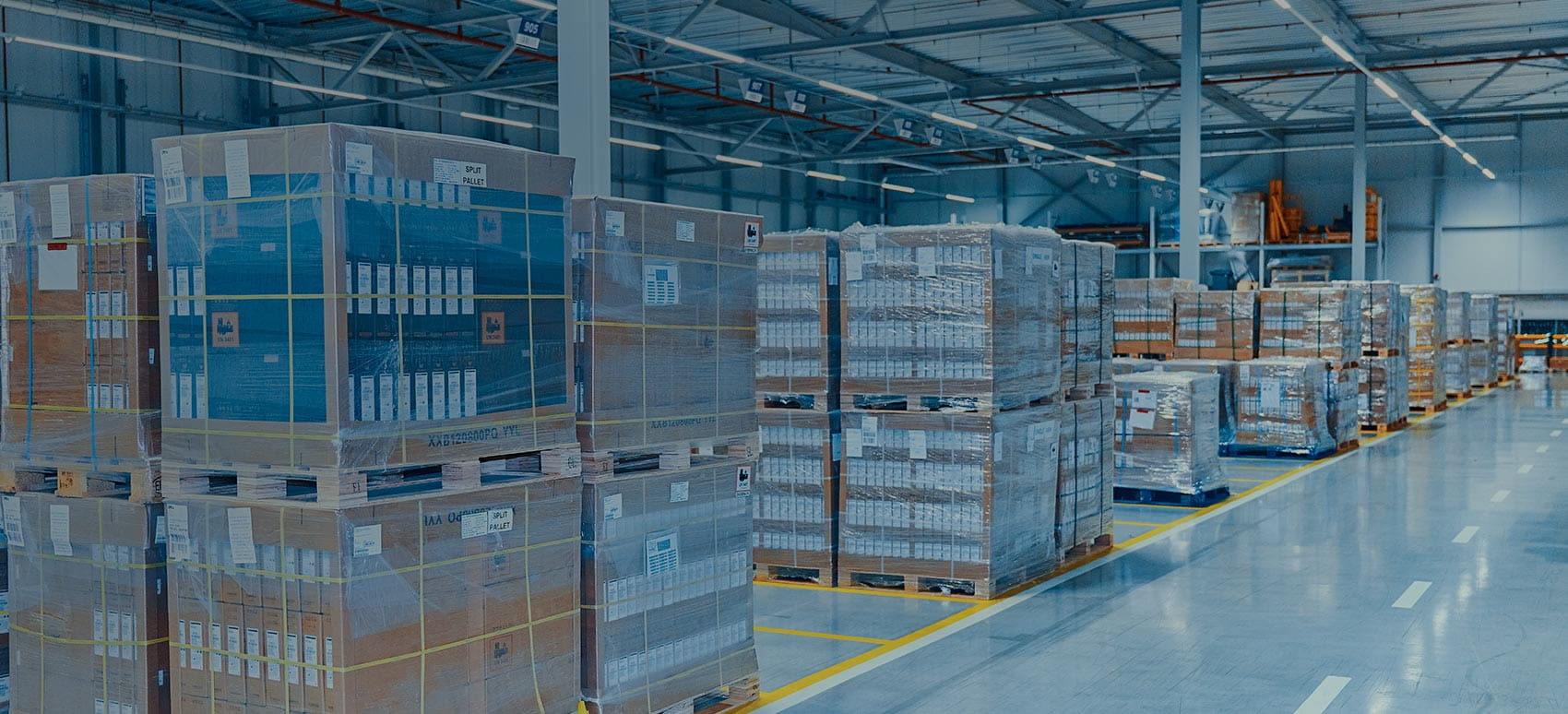 Supply chain logistics: Organized pallets of products in a warehouse awaiting shipment, showcasing inventory and storage solutions.