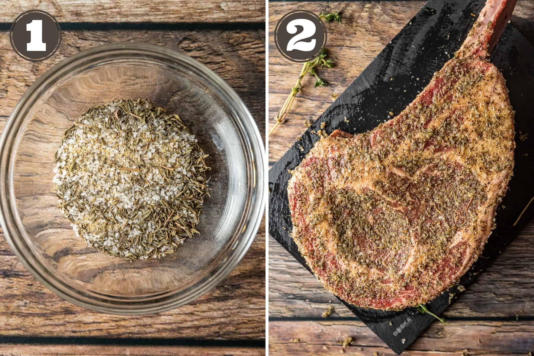 Side by side photos showing a dry rub in a bowl and a tomakawk steak coated in dry rub.