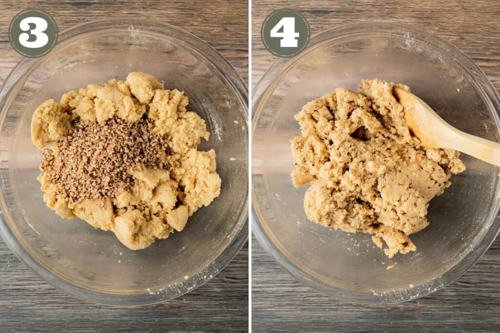 Side by side process shots for shortbread cookies including folding in chopped pecans.