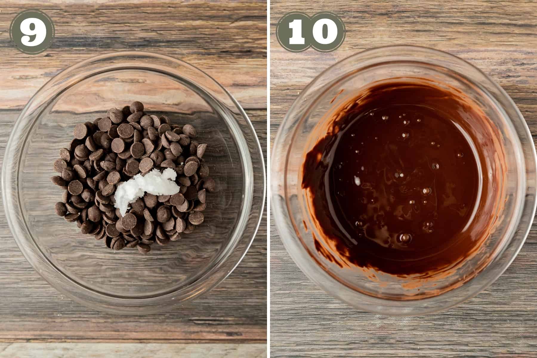 Side by side process shots for melting chocolate including a bowl with chocolate chips and coconut oil that have been melted.