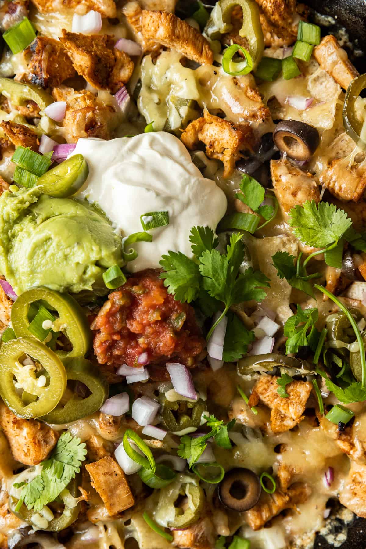 A close up shot of bbq chicken nachos in a cast iron pan with melted cheese and nachos toppings.