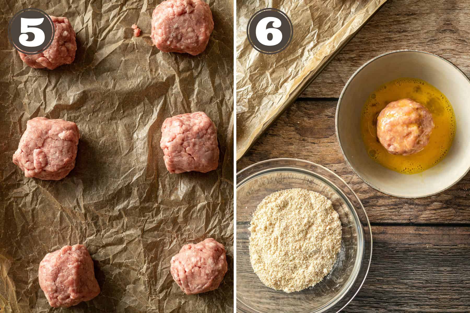 Side by side photos showing raw scotch eggs being rolled in a whisked egg.