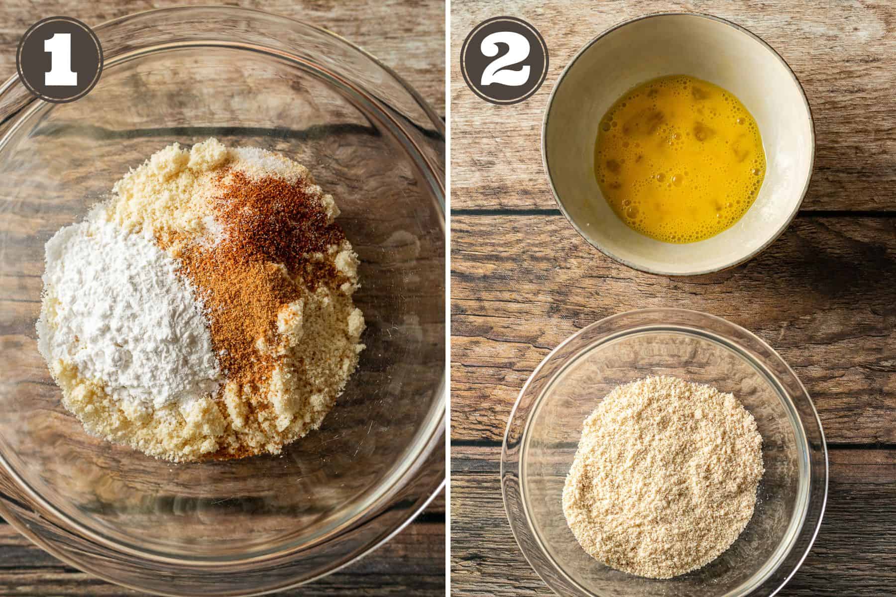 Side by side photos showing the breading being mixed and an egg whisked for scotch eggs.