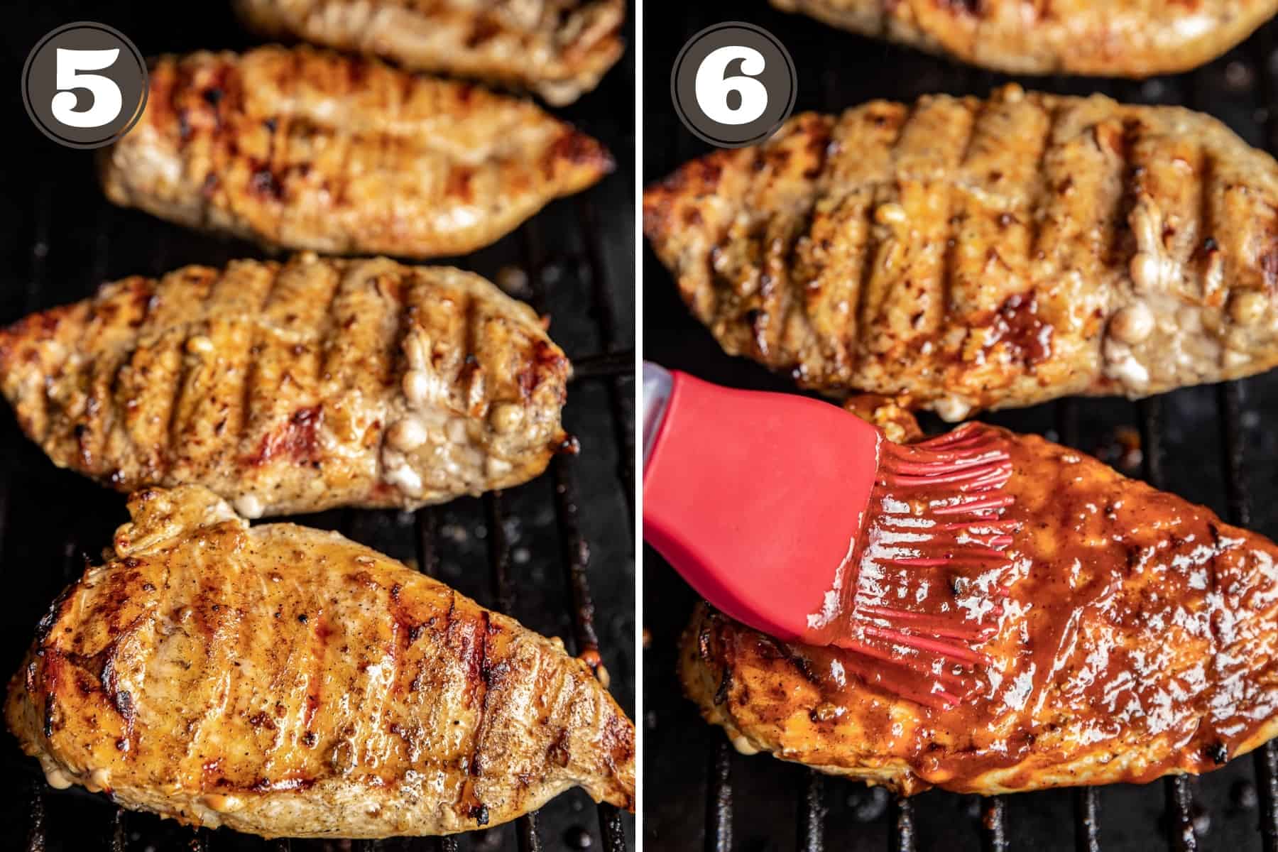 A side by side process shot of chicken on a traeger grill and chicken breast being brushed with bbq sauce.