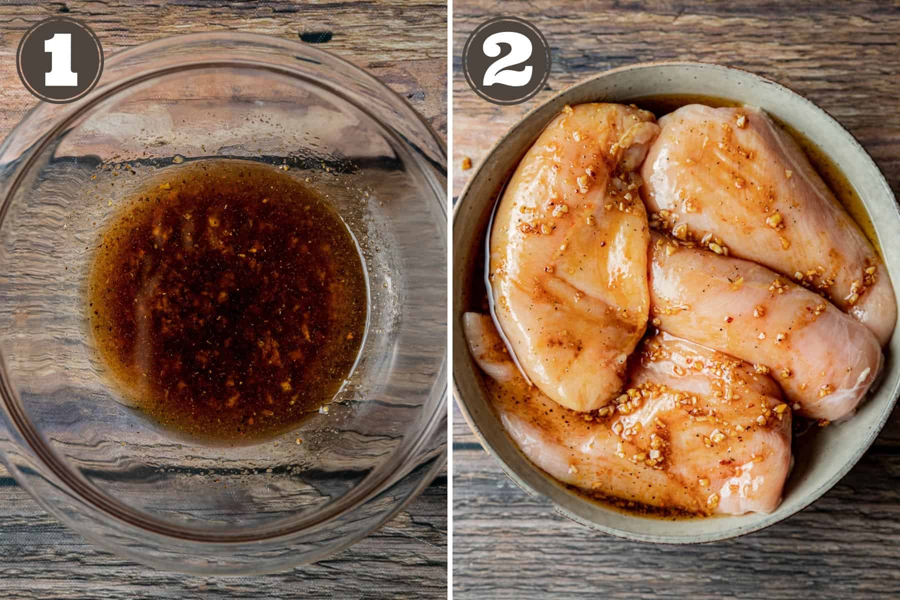 A side by side process shot of chicken marinade in a bowl and a chicken marinading in a bowl.