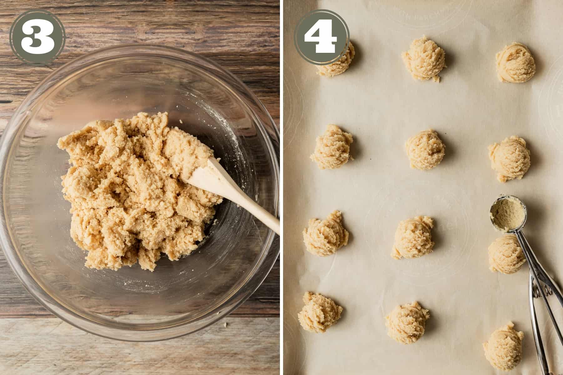 Side by side process shots of the steps to make snickerdoodles including scooping the thick dough into cookie dough balls on a cookie sheet.