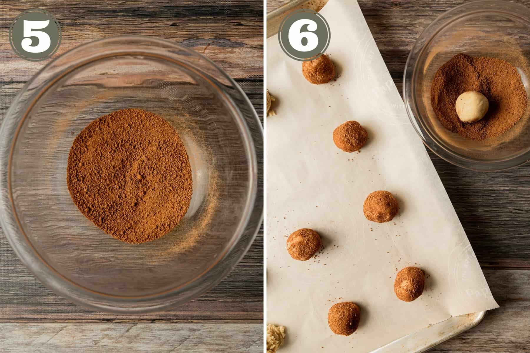 Side by side process shots of the steps to make snickerdoodles including rolling the dough balls in a cinnamon sugar mixture.