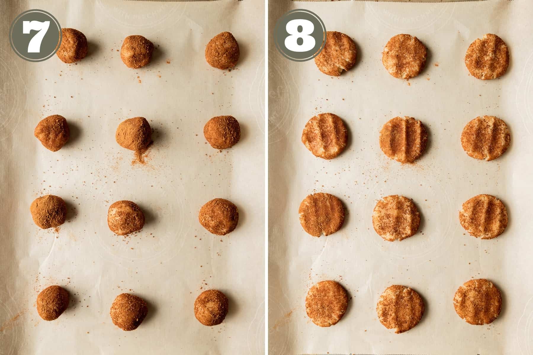 Side by side process shots of the steps to make snickerdoodles including flattennig the cinnamon sugar dough balls flat.