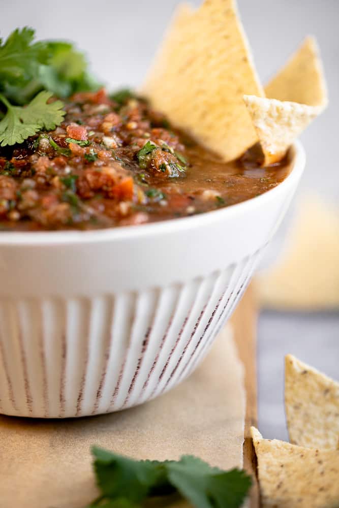 A close up of a white bowl with Whole30 Salsa