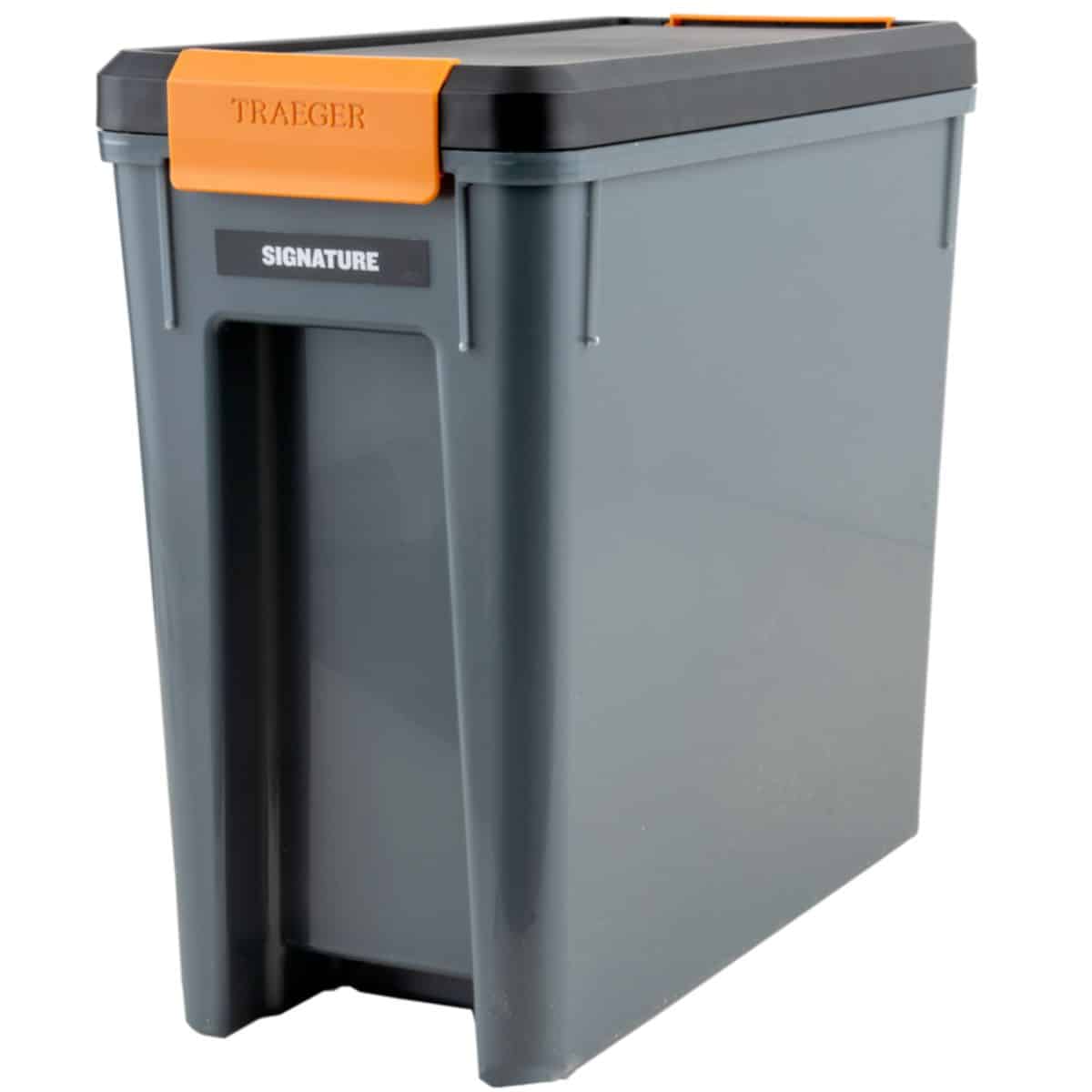 A black wood pellet bin on a white background.